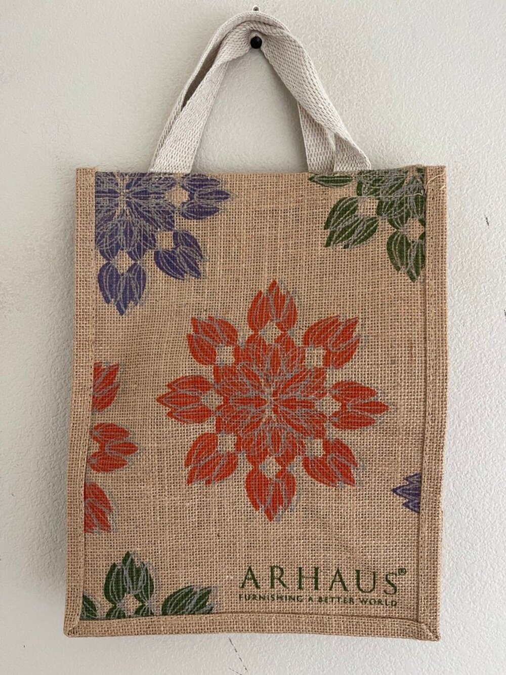 ARHAUS 100% Jute Tote with Floral Print and Arhaus Logo is New w/o Tags!